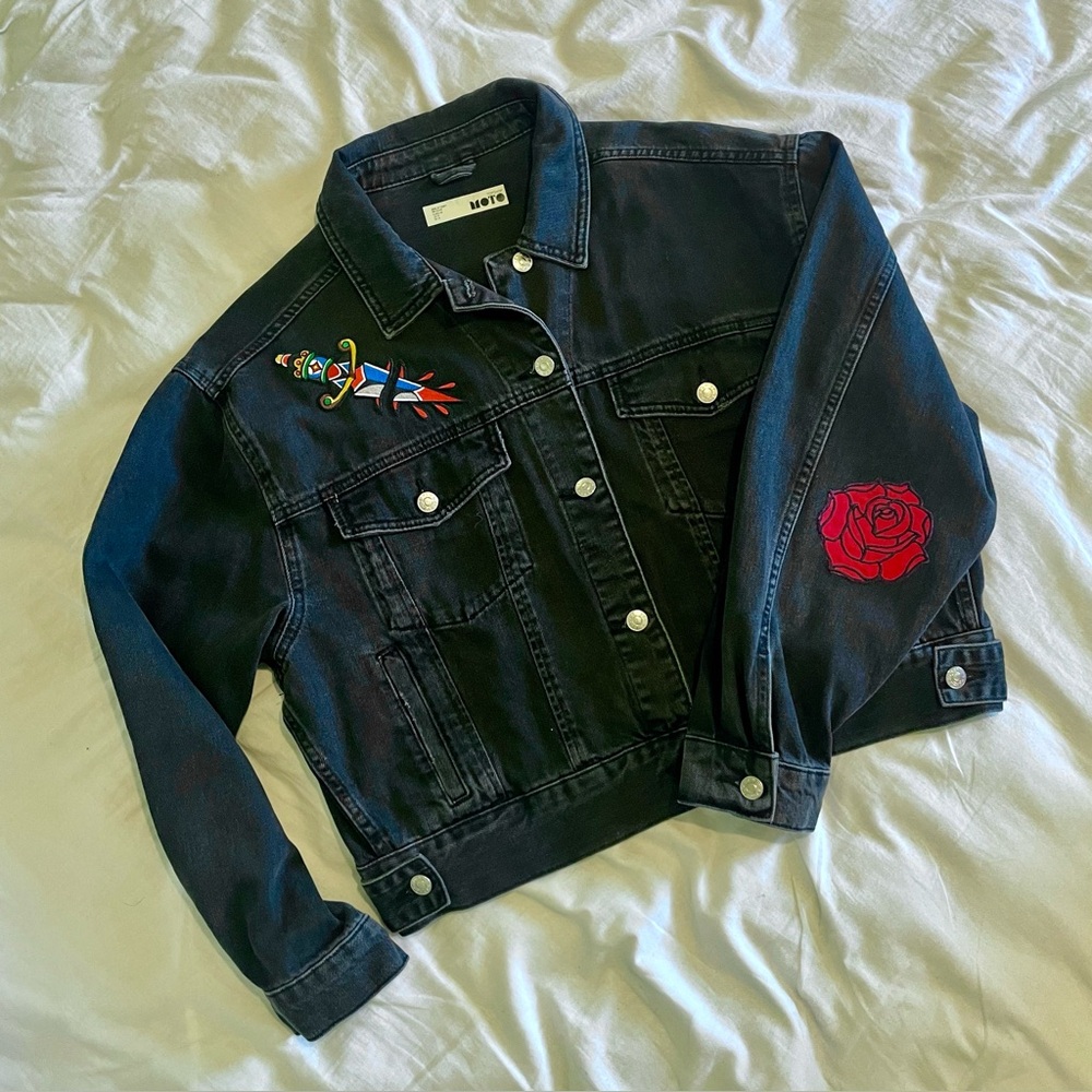 TopShop Black Denim Jacket with Custom Patches (Size 10)